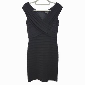Tadashi‎ Shoji Black Shutter Pleated Sheath Dress Medium Petite Cocktail Bandage
